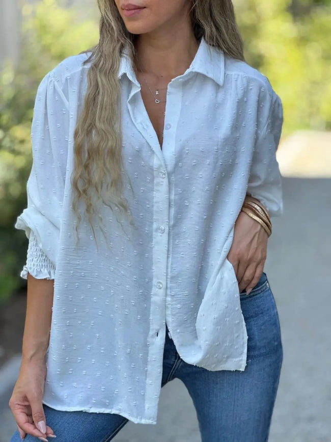 Swiss Dot Button Down Long Sleeve Shirt  Style Ratio