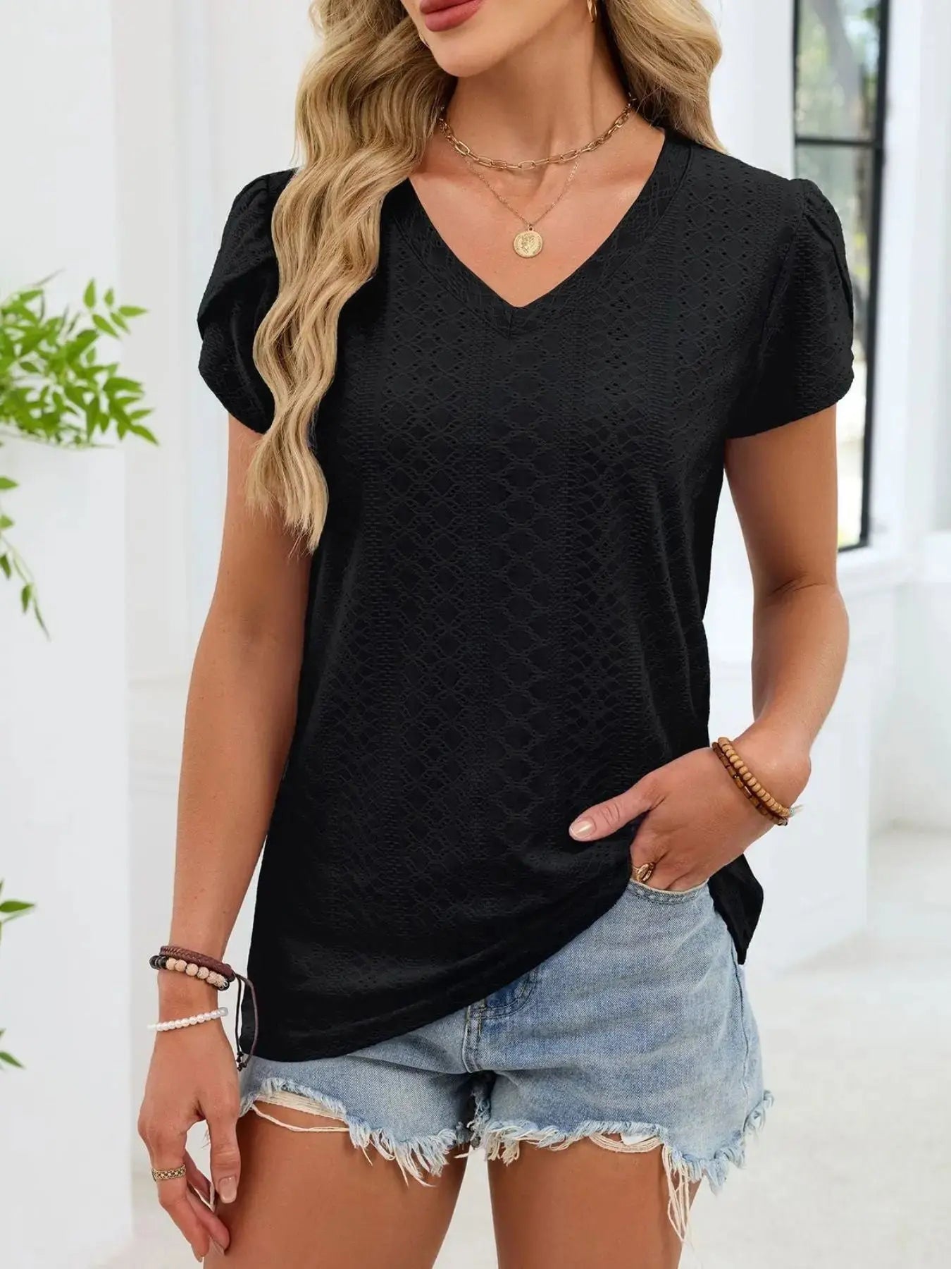 Eyelet Petal Sleeve V Neck Shirt  Style Ratio