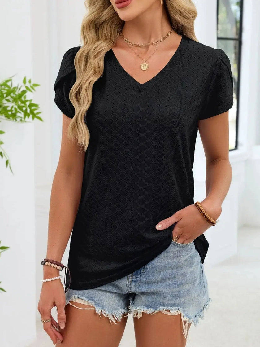 Eyelet Petal Sleeve V Neck Shirt  Style Ratio