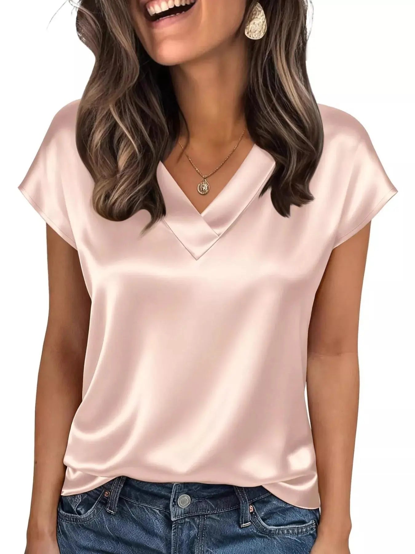 Satin V-Neck Cap Sleeve Blouse  Style Ratio