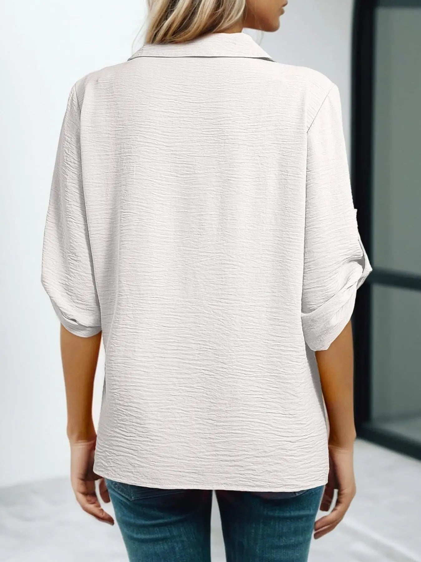 Johnny Collar Roll-Up Sleeve Blouse  Style Ratio