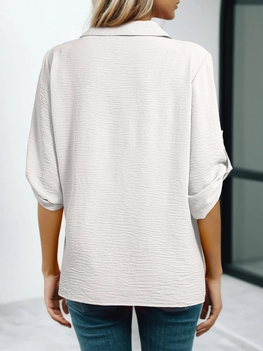 Johnny Collar Roll-Up Sleeve Blouse  Style Ratio