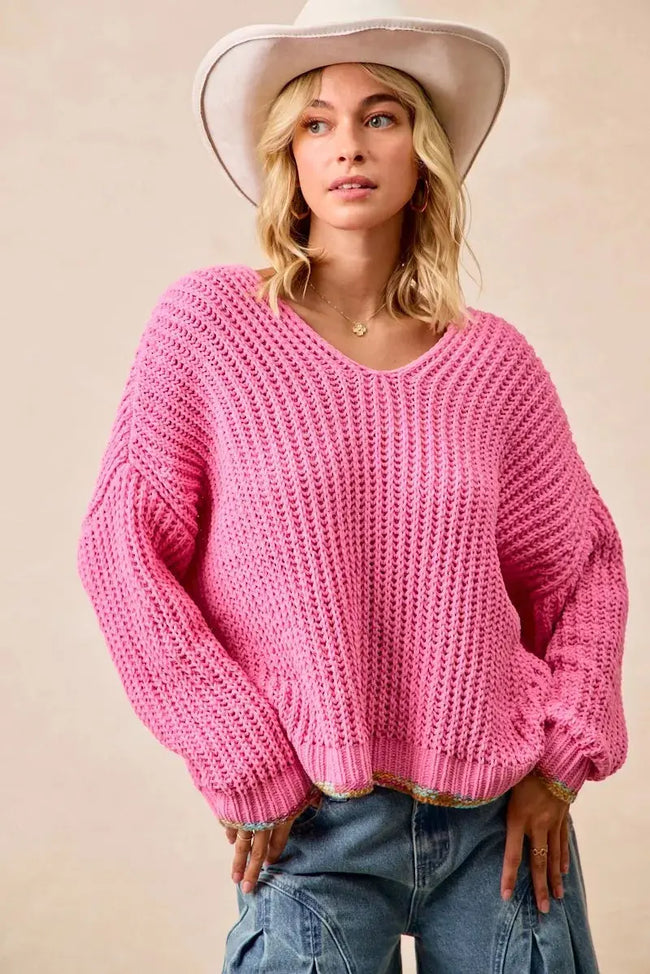 BiBi V Neck Sweater with Colorful Trim  Style Ratio