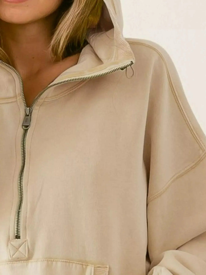 BiBi Stitch Detailed Elastic Hem Half Zip Fleece Hoodie  Style Ratio