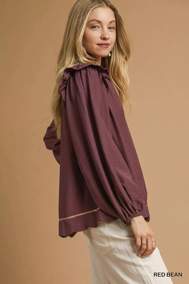 Umgee Ruffle Shoulder Long Sleeve Blouse  Style Ratio