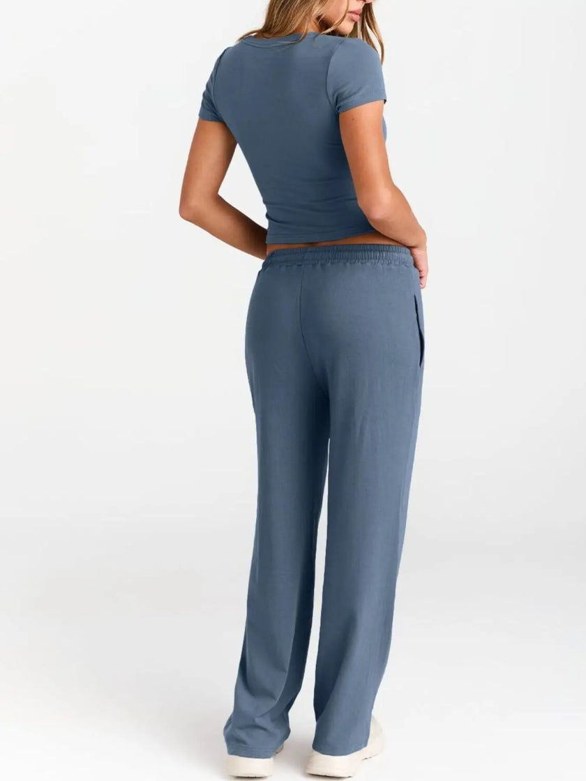 Round Neck Short Sleeve Shirt and Pants Loungewear  Style Ratio