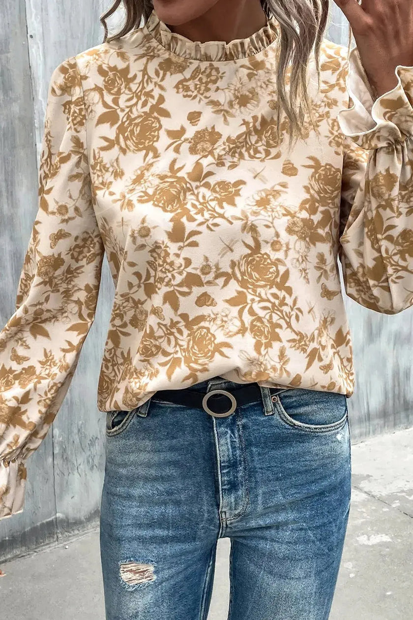 Floral Print Mock Neck Flounce Sleeve Blouse  Style Ratio