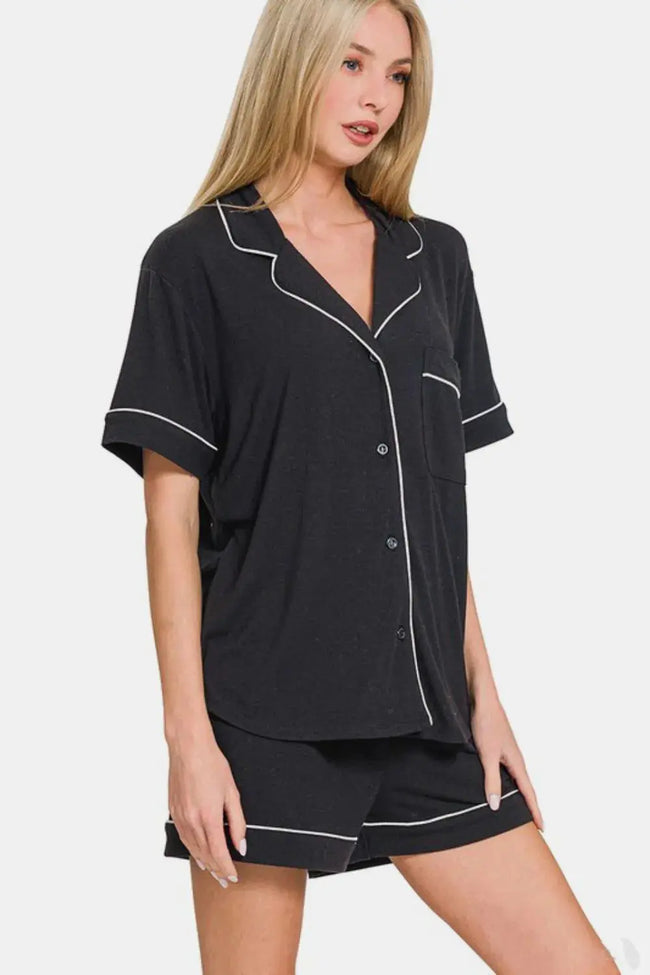Zenana Button Down Short Sleeve Top and Shorts Lounge Set  Style Ratio
