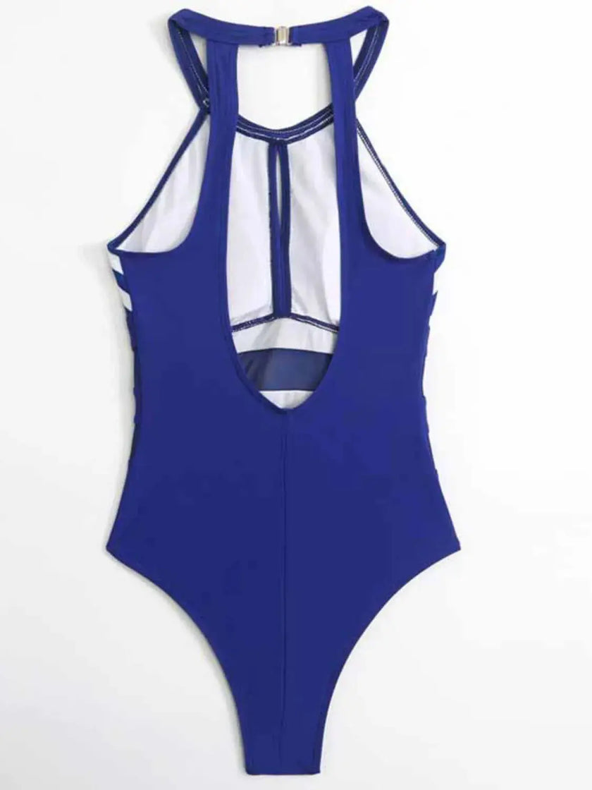 Mesh Detail Backless Striped One-Piece Swimsuit  Style Ratio