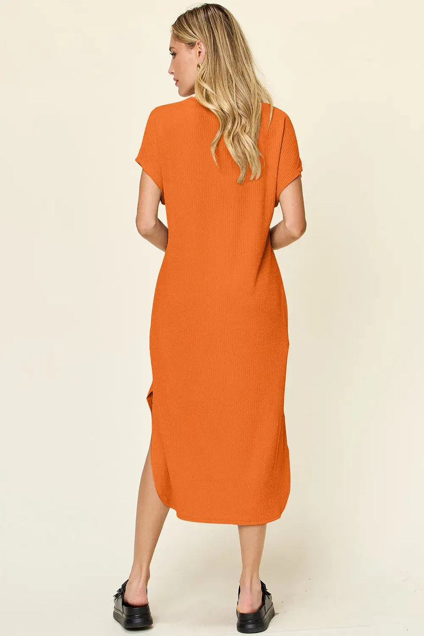 Double Take Full Size Round Neck Short Sleeve Slit Dress  Style Ratio