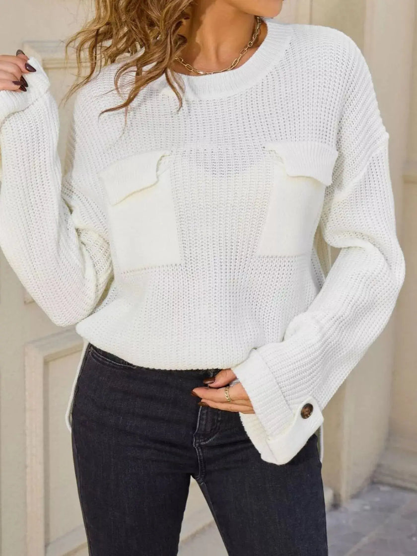 Pocket Detail Round Neck Sweater  Style Ratio
