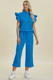 Double Take Full Size Texture Ruffle Short Sleeve Top and Wide Leg Pants Set  Style Ratio