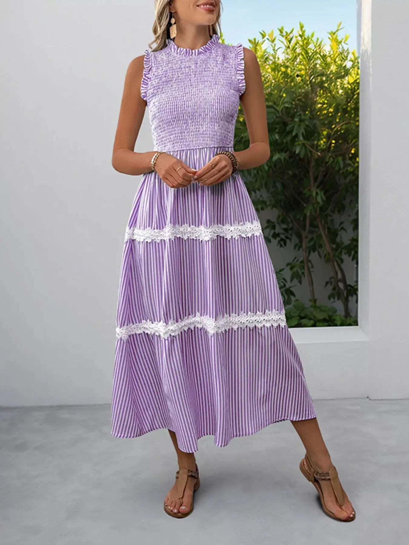 Smocked Striped Lace Trim Sleeveless Midi Dress  Style Ratio