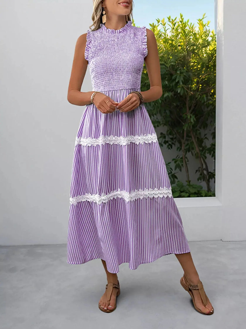Smocked Striped Lace Trim Sleeveless Midi Dress  Style Ratio