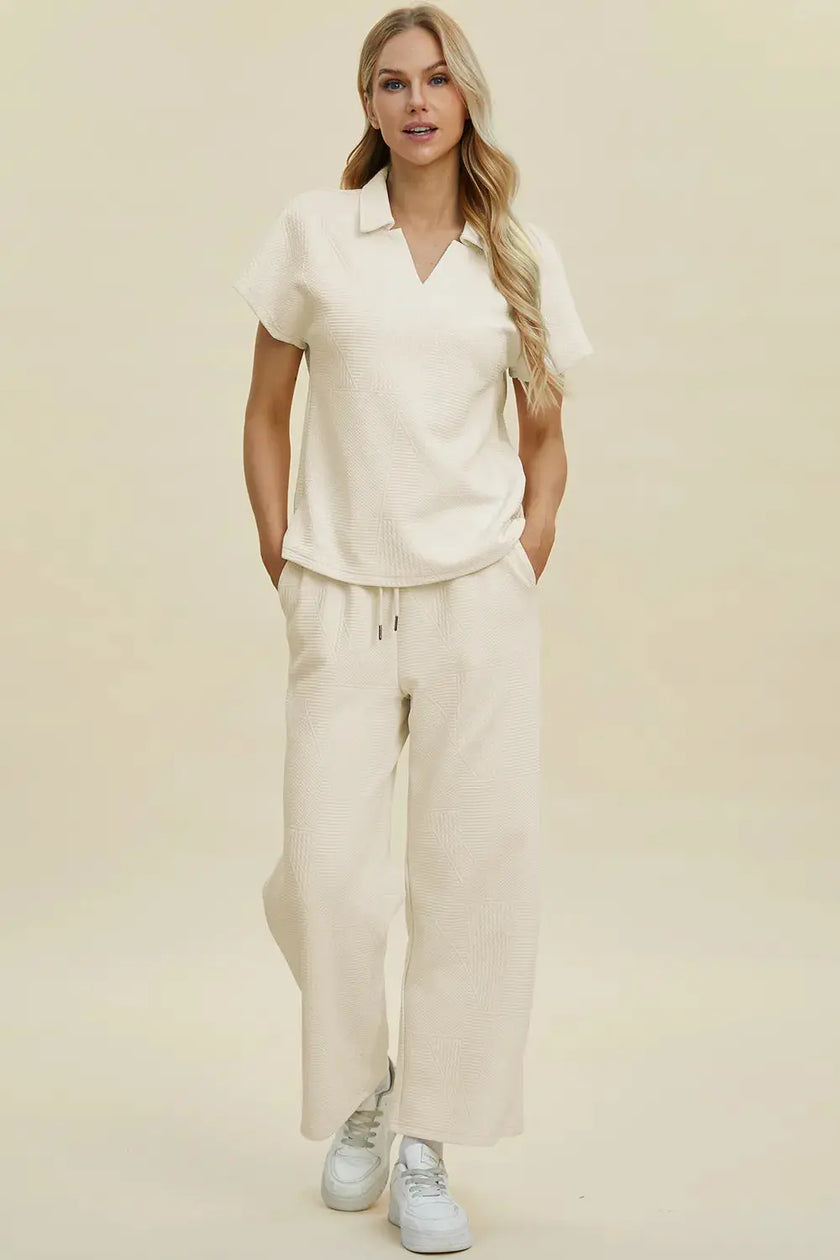 Double Take Collared Neck Short Sleeve Top and Pants Set  Style Ratio