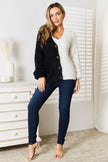 Angel Wings Woven Right Contrast Button-Front V Neck Cardigan  Style Ratio