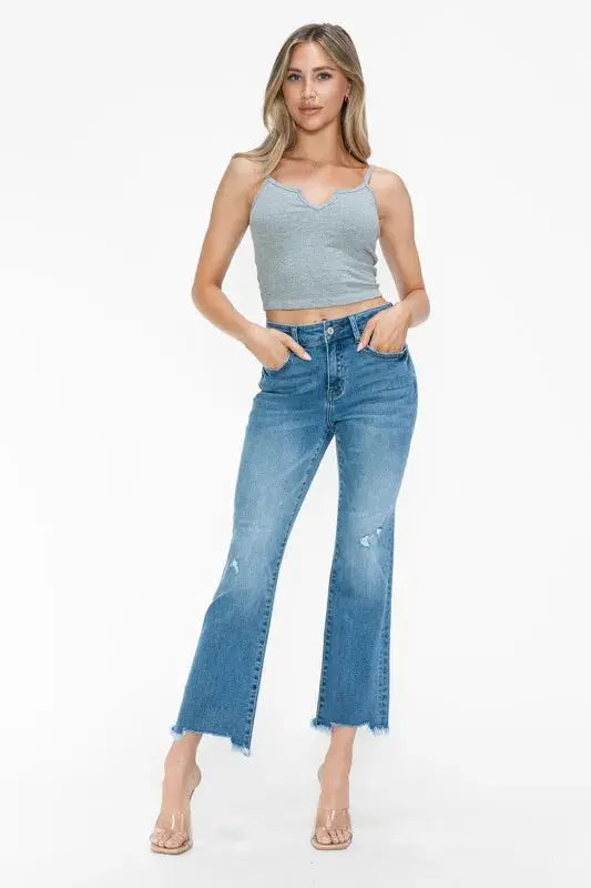 bytos Raw Hem Distressed Mid Rise Crop Jeans  Style Ratio