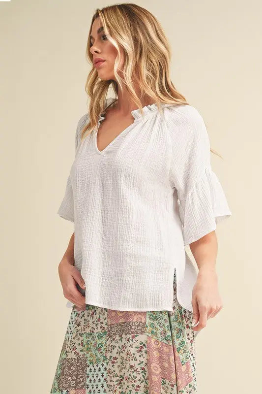 Aemi + Co Side Slit Notched Ruffled Half Sleeve Blouse  Style Ratio