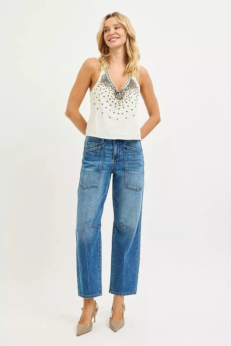 RISEN 4 Way Stretch Mid Rise Barrel Jeans with Patch Pocket Detail  Style Ratio
