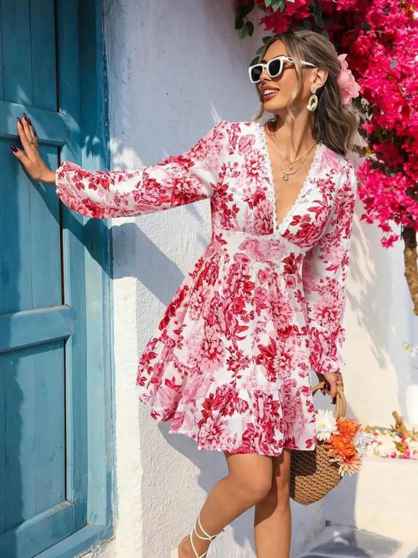 Full Size Floral Print V-Neck Long Sleeve Ruffle Hem Mini Dress  Style Ratio