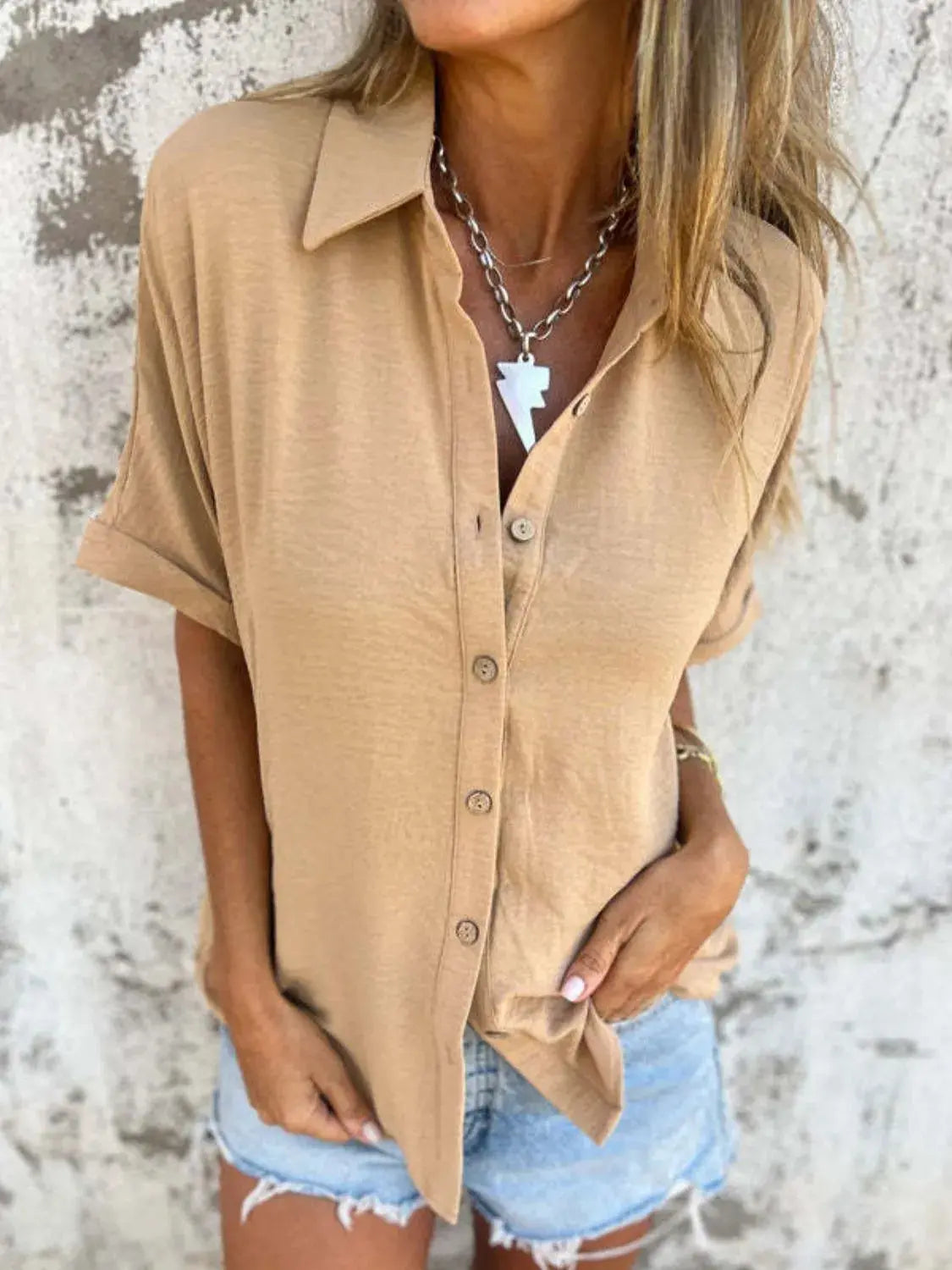 Full Size Collared Neck Half Sleeve Shirt  Style Ratio