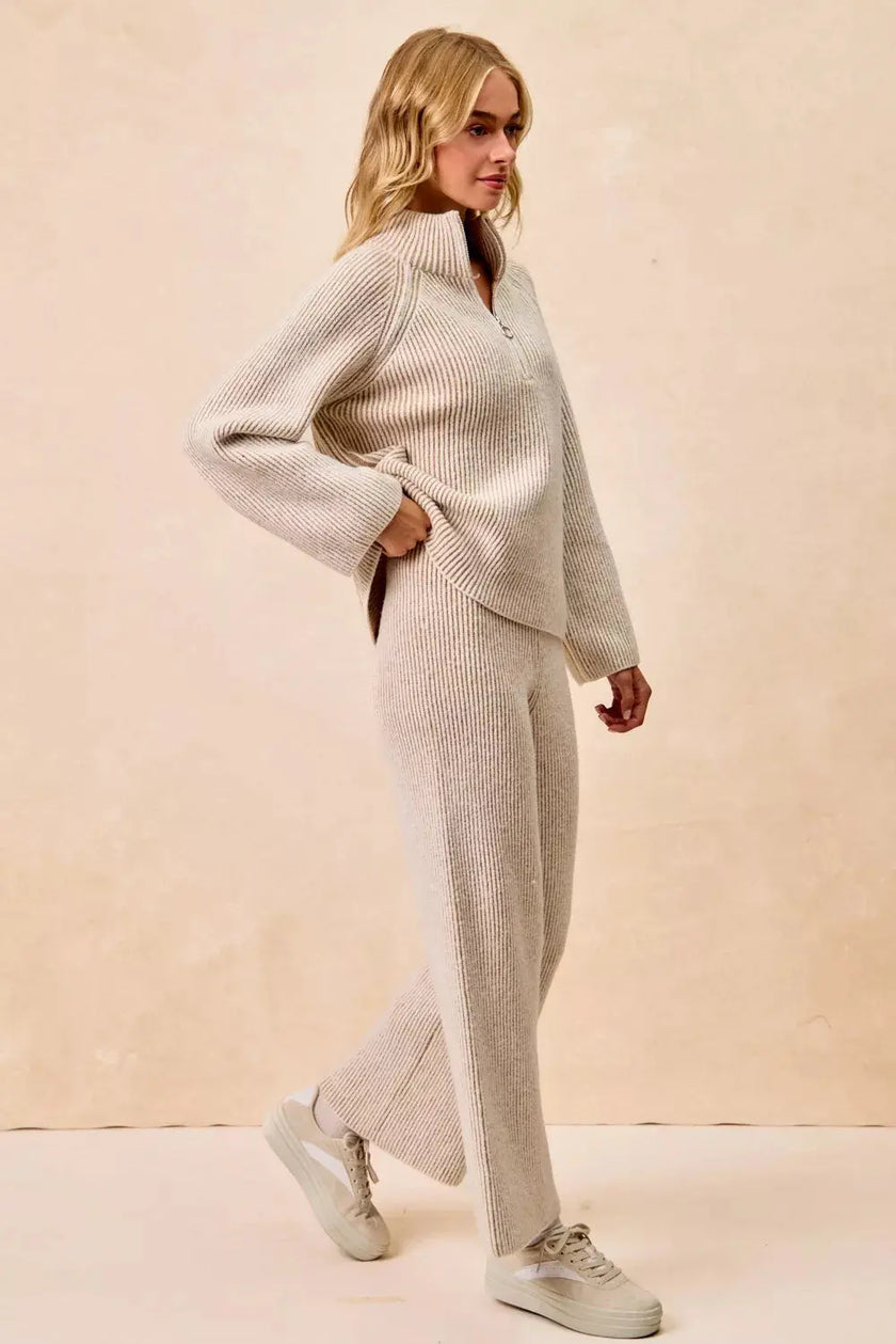 BiBi Two Tone Rib Textured Knit Collared Top with Zip Up  Style Ratio
