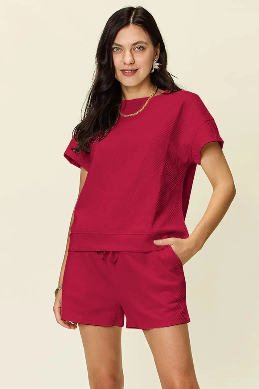 Double Take Full Size Texture Short Sleeve T-Shirt and Drawstring Shorts Set  Style Ratio