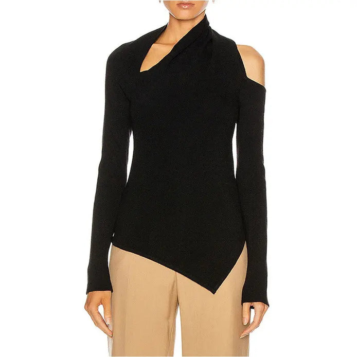 Black Knit Asymmetric Collar Long Sleeve Shirt  Style Ratio