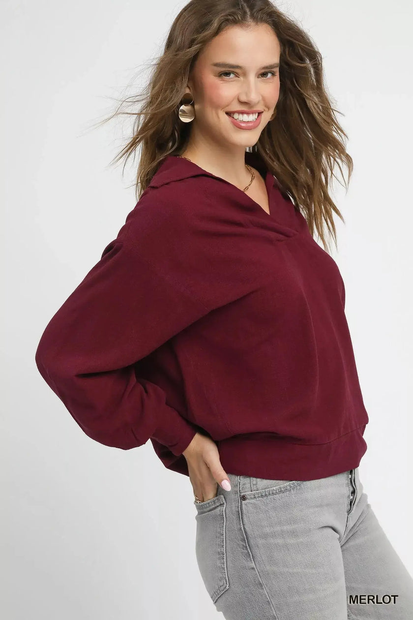 Umgee Linen Long Sleeves Elastic Hem Blouse  Style Ratio