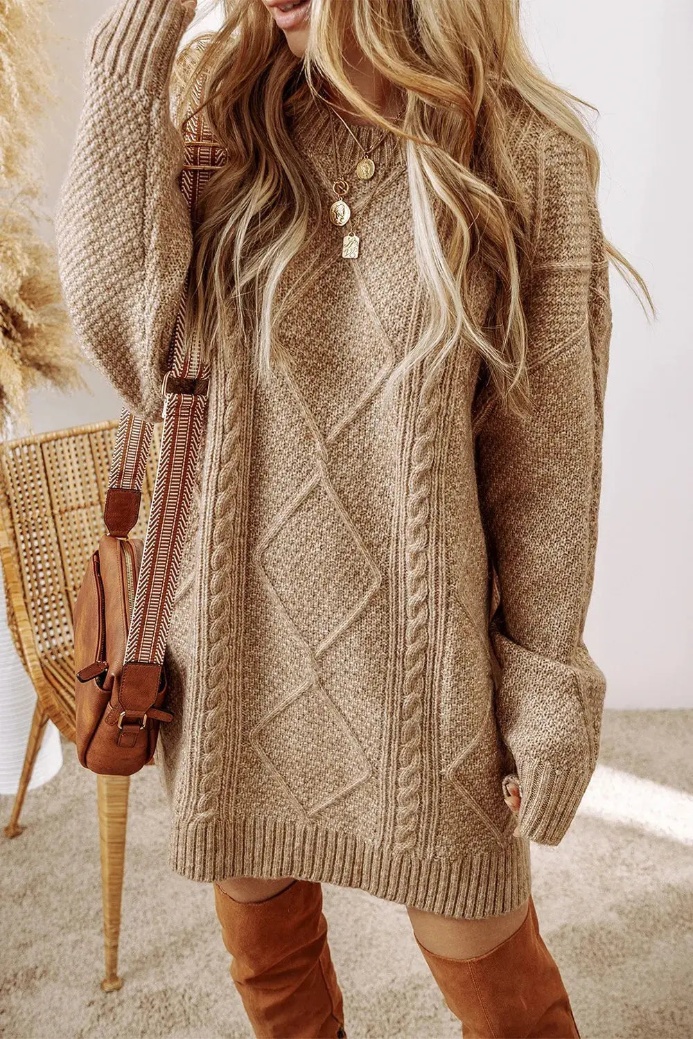Cable-Knit Round Neck Sweater Dress  Style Ratio