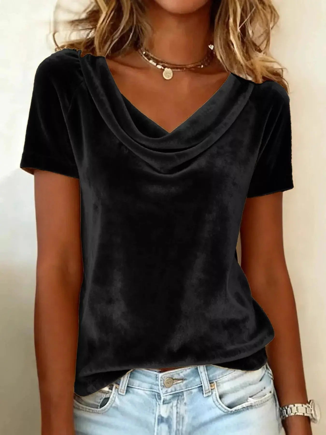 Full Size Cowl Neck Short Sleeve Top  Style Ratio