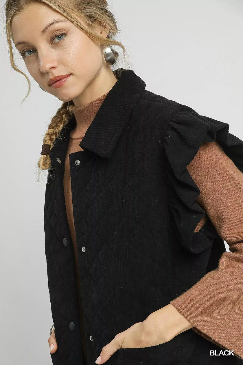 Umgee Corduroy Quilted Ruffle Sleeve Vest  Style Ratio