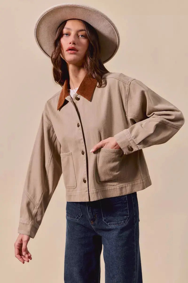 SO ME Cotton Twill Cropped Barn Jacket wtih Collar  Style Ratio