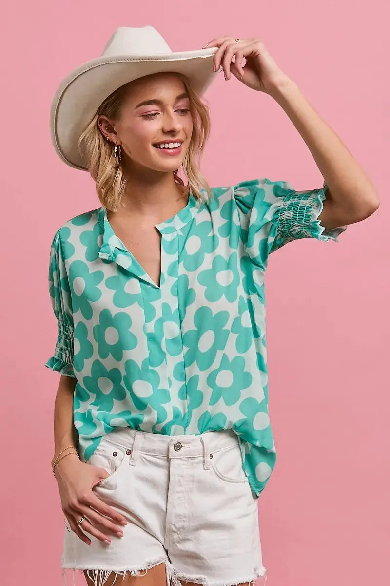 BiBi Flower Printed Woven Smocking Sleeves V Neck Blouse  Style Ratio