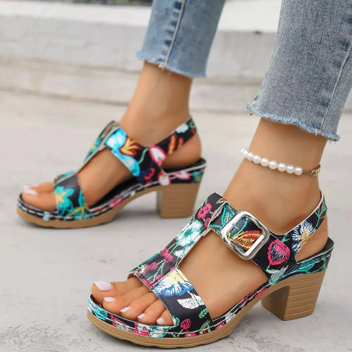 Floral Print Buckle Ankle Strap Block Heel Sandals  Style Ratio