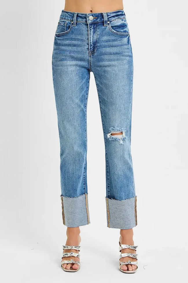 RISEN Full Size High Rise Ankle Straight Wide Cuffed Jeans  Style Ratio