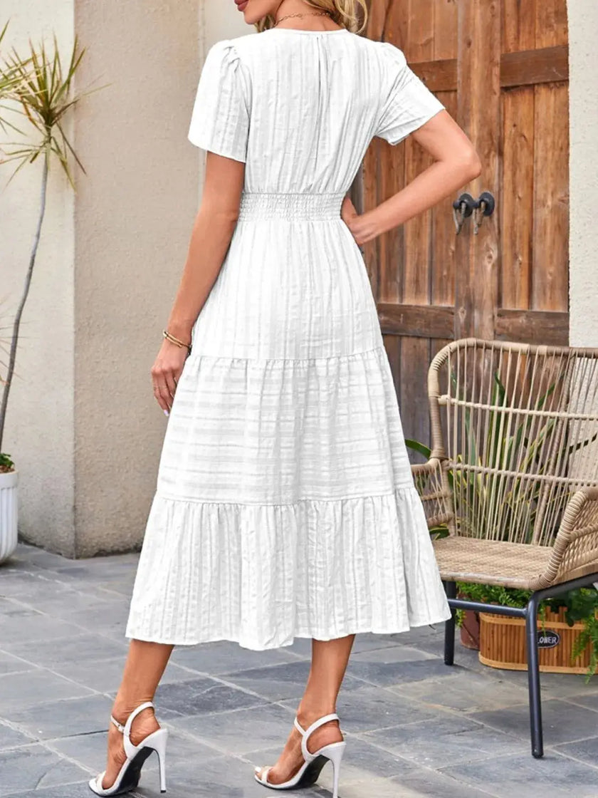 Tiered Notched Short Sleeve Dress  Style Ratio