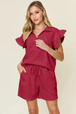Double Take Texture Flounce Sleeve Top and Drawstring Shorts Set  Style Ratio