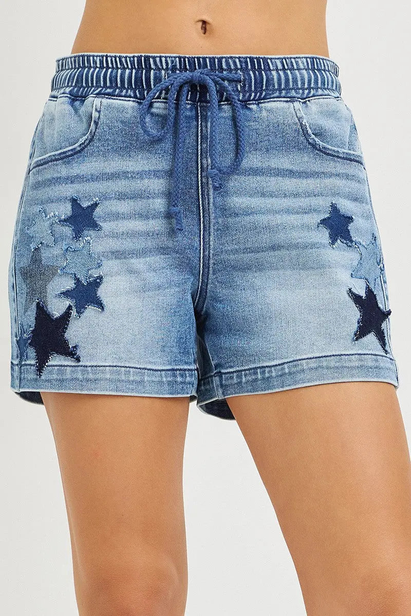 RISEN Elastic Band Slouchy Denim Shorts with Star Patched Details  Style Ratio