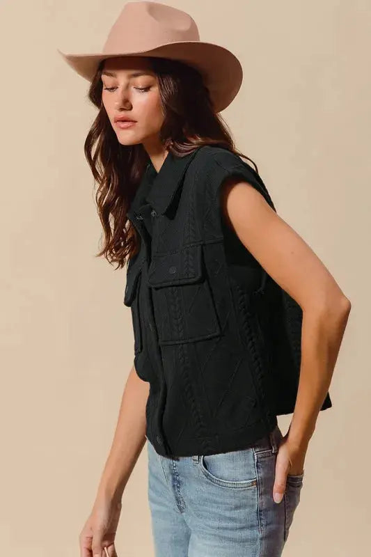 SO ME Cable Quilting Stitch Button Up Knit Vest  Style Ratio