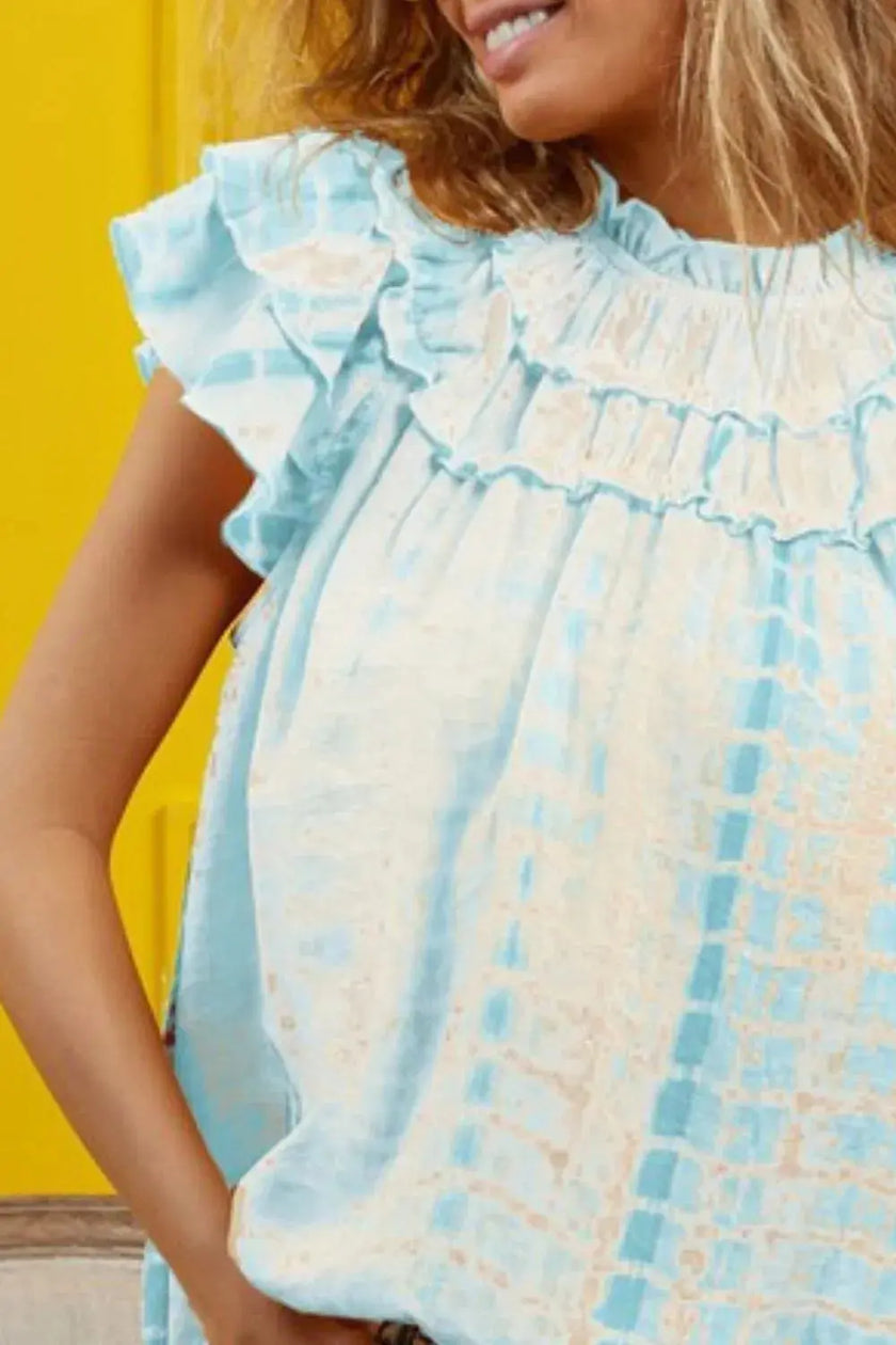 BiBi Tiered Ruffle Neck Tie Dye Blouse  Style Ratio