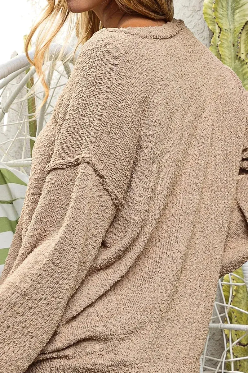 BiBi Raw Edged Popcorn Texture V-neck Sweater  Style Ratio