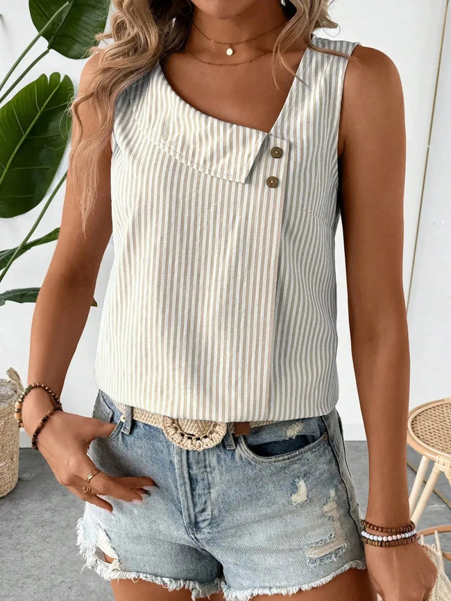 Decorative Button Asymmetrical Striped Tank Top  Style Ratio