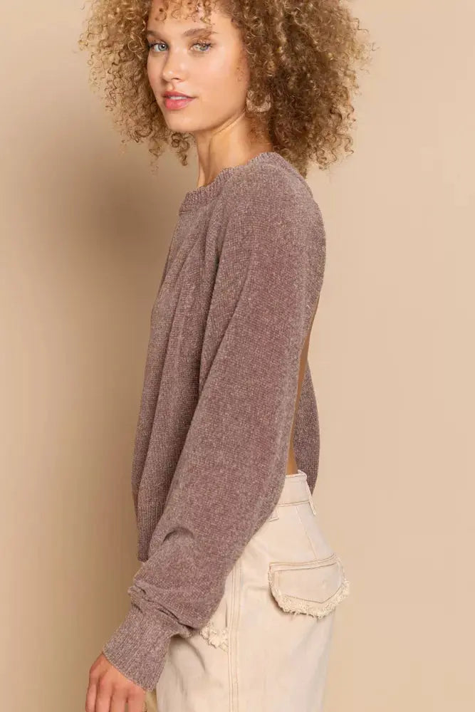 POL Round Neck Backless Sweater with Ribbed Edge  Style Ratio