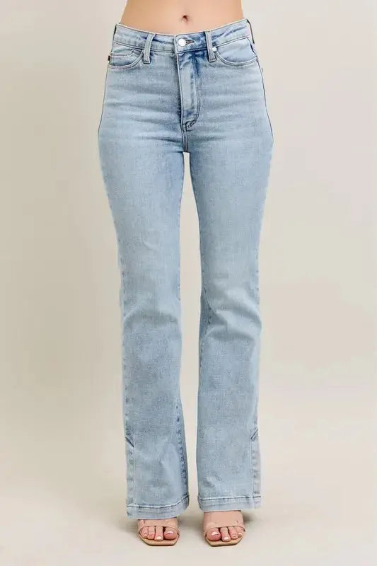 Judy Blue Full Size Tummy Control Vintage Wash Side Slit Slim Boot Jeans Plus Size  Style Ratio