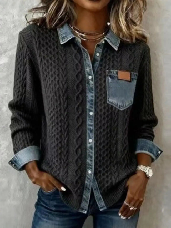 Denim Trim Cable Knit Top  Style Ratio