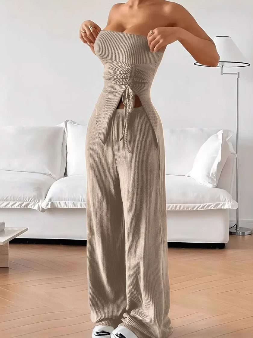 Ribbed Knit Tube Top and Wide Leg Pants Set  Style Ratio