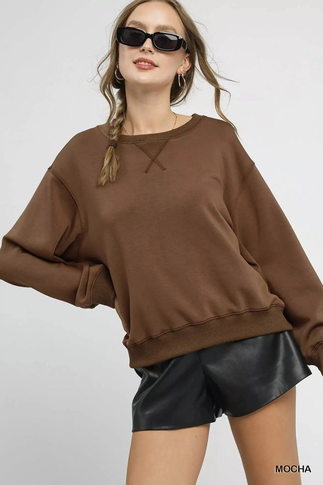Umgee Round Neck Long Sleeve Fleece Sweatshirt  Style Ratio