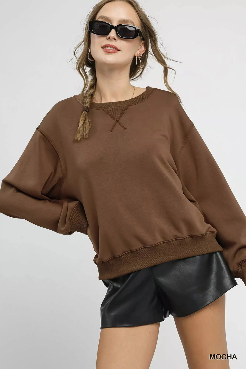 Umgee Round Neck Long Sleeve Fleece Sweatshirt  Style Ratio