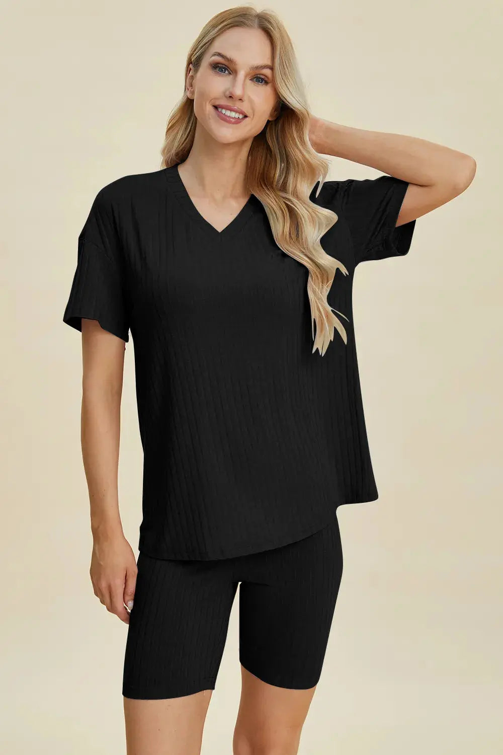 Basic Bae Full Size Ribbed V-Neck Short Sleeve Top and Shorts Loungewear  Style Ratio